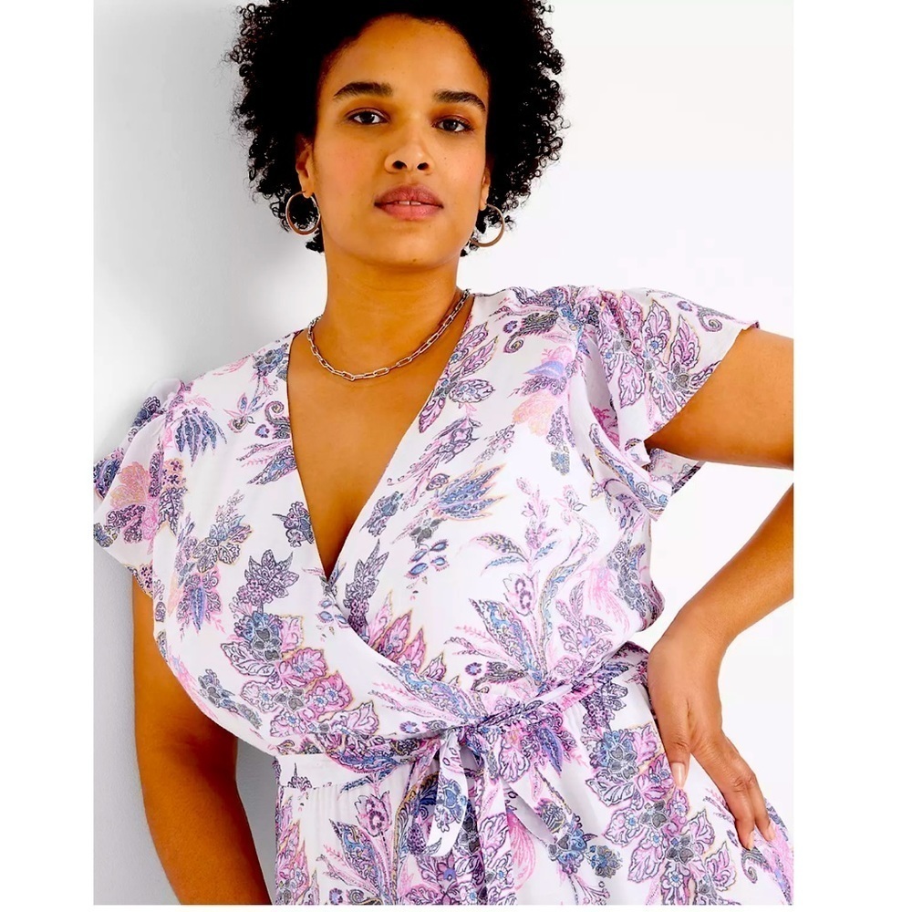 NWT Lane Bryant Cap Flutter Sleeve Surplice Tiered Print Maxi Dress Size 22 - Picture 2 of 13